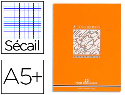 CAHIER PIQU CONQURANT CLASSIQUE COUVERTURE VERNIE CARTE COUCHE A5+ 17X22CM 32 PAGES 90G RGLURE SCAIL 2,5MM