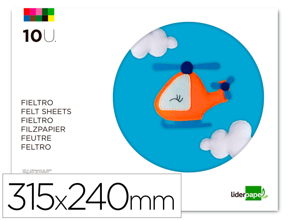 FEUTRINE LIDERPAPEL A4+ 240X315MM 180G PAISSEUR 1.5MM COLORIS ASSORTIS BLOC 10 PLAQUES