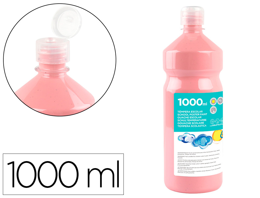 GOUACHE SCOLAIRE LIDERPAPEL LIQUIDE LAVABLE FERMETURE SCURIT BRILLANTE COLORIS ROSE FLACON 1000ML