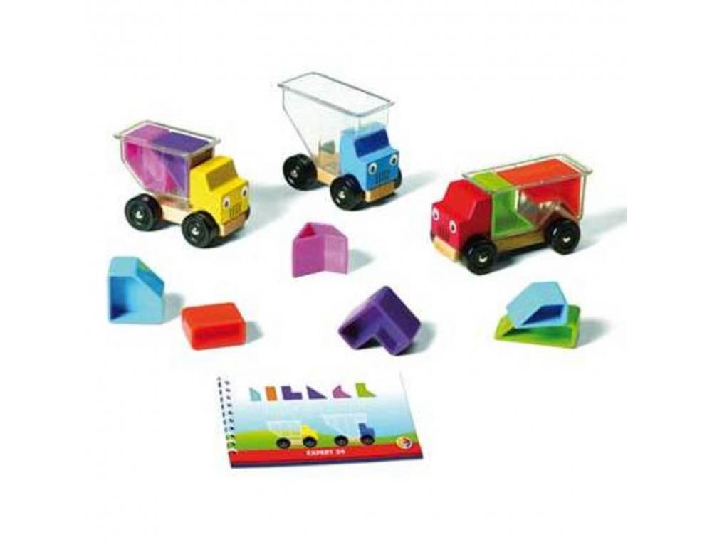 JEU INTERDACTA BAHUTS MALINS 3 CAMIONS BOIS + 10 PIECES    COLOREES PLASTIQUE + 1 LIVRET AVEC DEFIS
