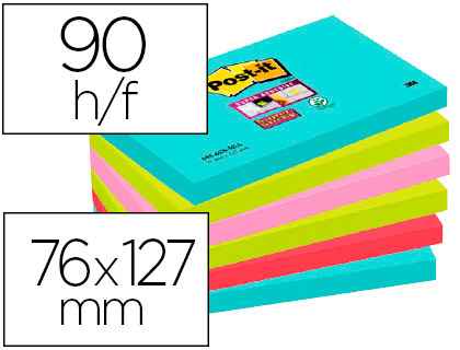 BLOC-NOTES POST-IT SUPER STICKY COULEUR CARNIVAL 76X127MM   90F AHESIF RENFORCE BLEU VERT ROSE 6 BLOCS  655655