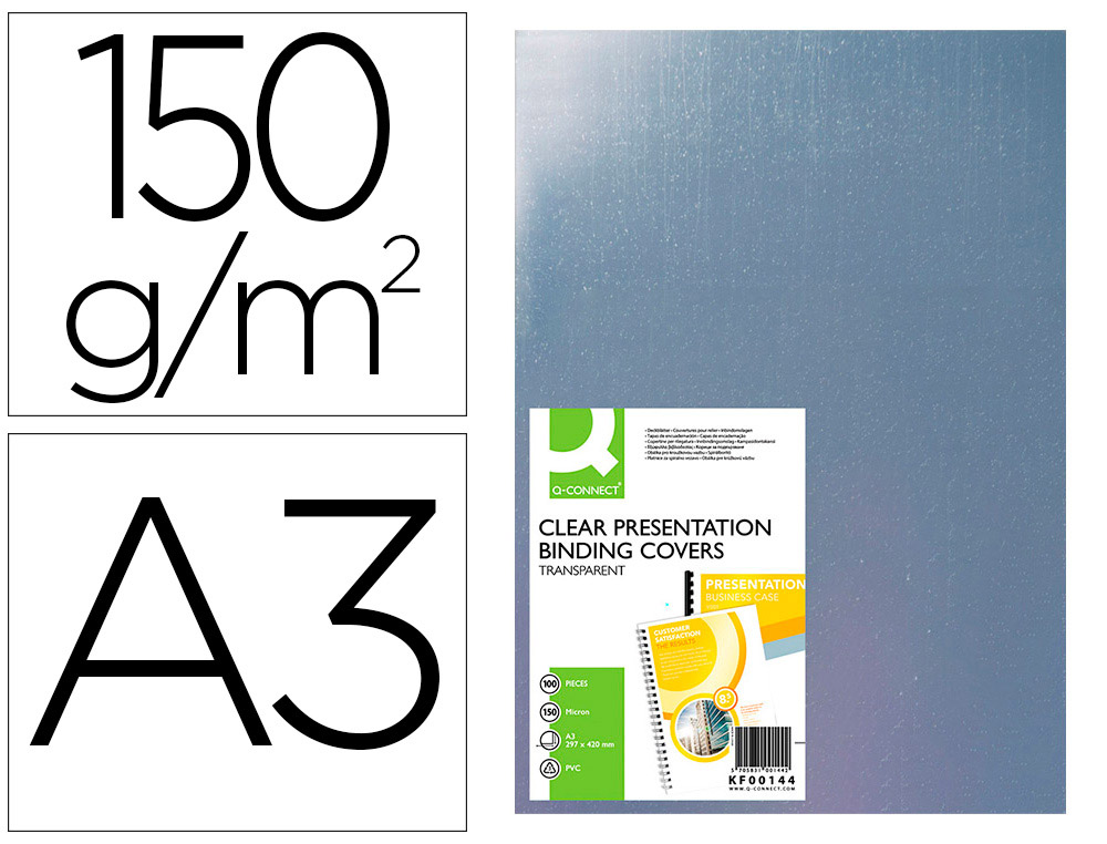 PLAT COUVERTURE Q-CONNECT PVC INCOLORE 150 MICRONS A3 RELIEURS SPIRALES PEIGNES ANNEAUX PAQUET 100 UNITS
