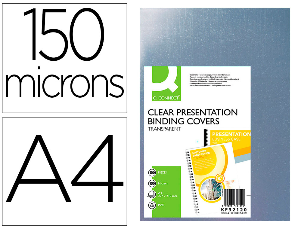 PLAT COUVERTURE Q-CONNECT PVC INCOLORE 150 MICRONS A4 RELIEURS SPIRALES PEIGNES ANNEAUX PAQUET 100 UNITS
