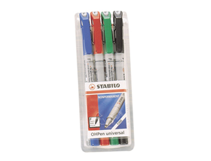 STYLO-FEUTRE STABILO OHP PEN SOLUBLE POINTE FINE 0.7MM COULEURS ASSORTIES POCHETTE 4 UNITÉS
