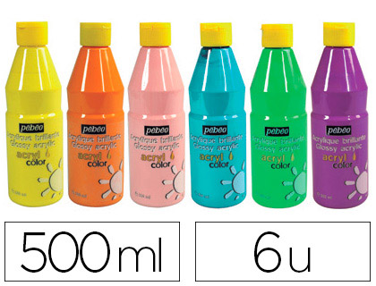 GOUACHE ACRYLIQUE PÉBÉO ACRYLCOLOR INDÉLÉBILE COUVRANTE BRILLANTE TOUS SUPPORTS COLORIS PASTEL LOT 6 FLACONS 500ML