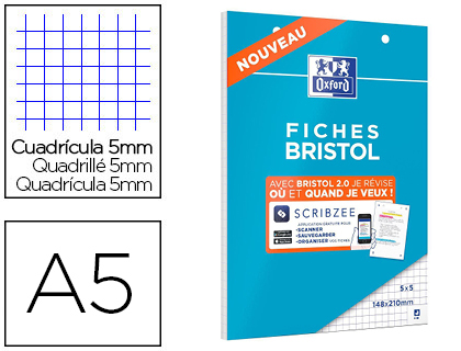 32 Fiches Bristol Révision connectées OXFORD A5 Petits carreaux 5x5  Perforées Cadre vert : Chez Rentreediscount Fournitures scolaires