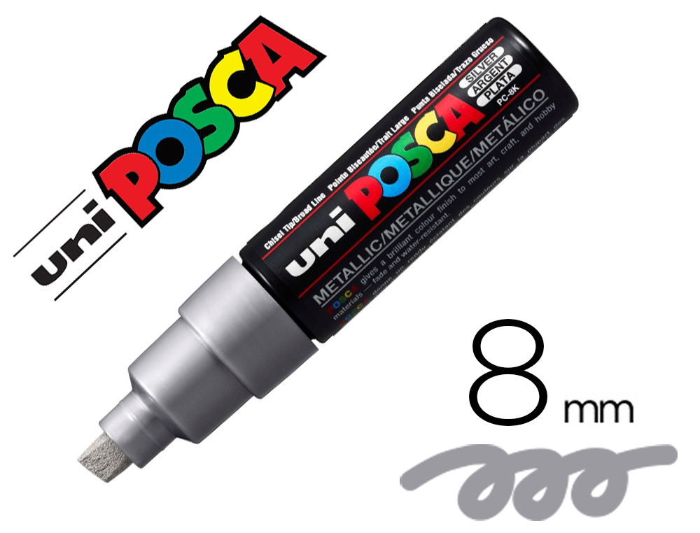 MARQUEUR POSCA PC8K BASE EAU POINTE BISEAUTEE LARGE 8MM    SANS ODEURS/ALCOOL/SOLVANT    TOUT SUPPORTS COLORIS ARGENT