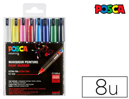 MARQUEUR POSCA PC1MR GOUACHE ENCRE INODORE TOUTES SURFACES POINTE ULTRA-FINE CONIQUE COLORIS BASIQUES 8 UNITS