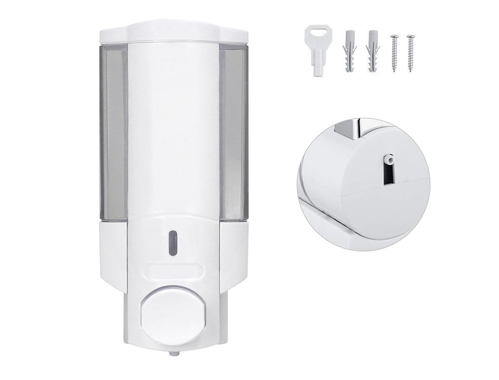 DISTRIBUTEUR SAVON Q-CONNECT MANUEL ACIER INOXYDABLE SERRURE VISEUR BLEU TRANSPARENT COLORIS BLANC 350ML 80X90X190MM