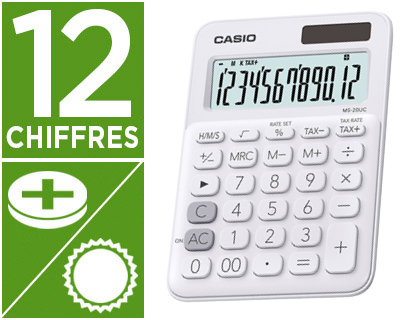 CALCULATRICE CASIO BUREAU MS-20UC GRAND CRAN 12 CHIFFRES CLACUL TAXES CORRECTION RAPIDE MMOIRE INDPENDANTE BLANC