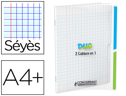 CAHIER AGRAFÉ CONQUÉRANT DUO 2EN1 POLYPROPYLÈNE A4+ 24X32CM 96 PAGES SÉYÈS 90G