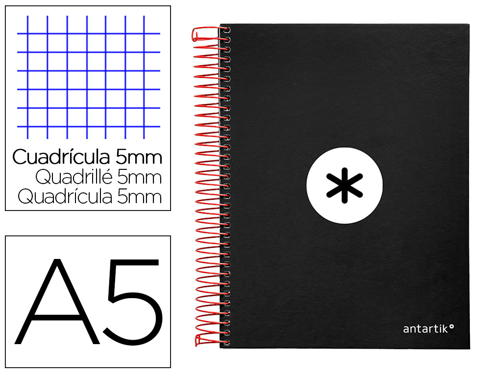 CAHIER SPIRALE LIDERPAPEL ANTARTIK A5 240P 90G COUVERTURE REMBORDE QUADRILLAGE 5MM 6 TROUS COIL-LOCK COLORIS NOIR
