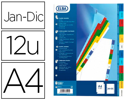 INTERCALAIRE ELBA POLYPROPYLNE INDCHIRABLE 12/100E MENSUEL 12 TOUCHES A4 PAGE DE GARDE IMPRIMABLE COLORIS ASSORTIS