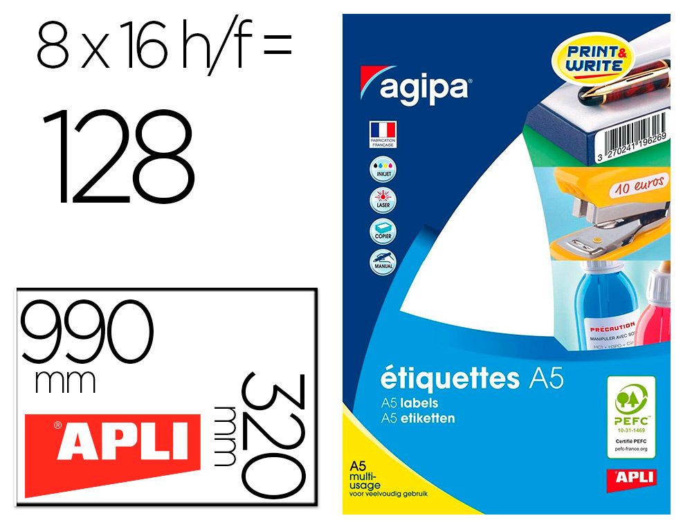 TIQUETTE ADHSIVE APLI AGIPA MULTI-USAGE PERMANENTE 320X990MM TOUTE IMPRIMANTE COINS ARRONDIS TUI 128 UNITS