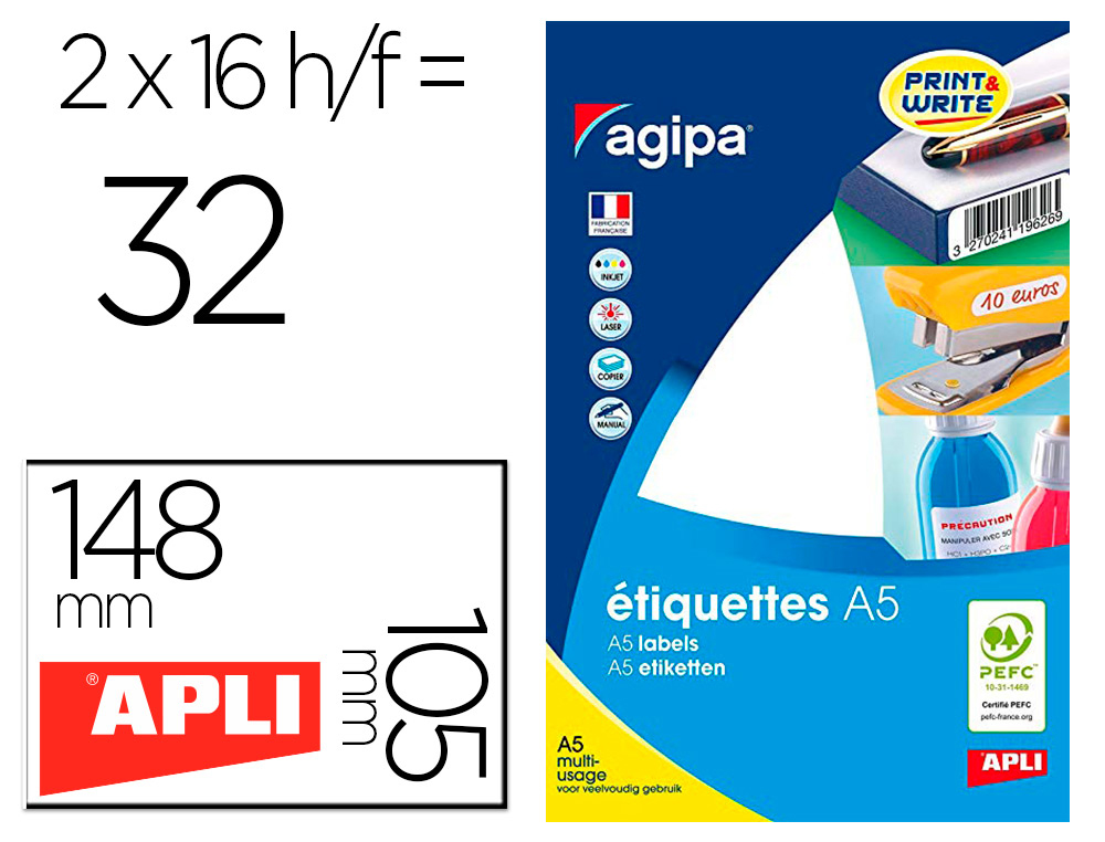 TIQUETTE ADHSIVE APLI AGIPA MULTI-USAGE RECTANGULAIRE PERMANENTE 105X148MM TOUTE IMPRIMANTE TUI 32 UNITS