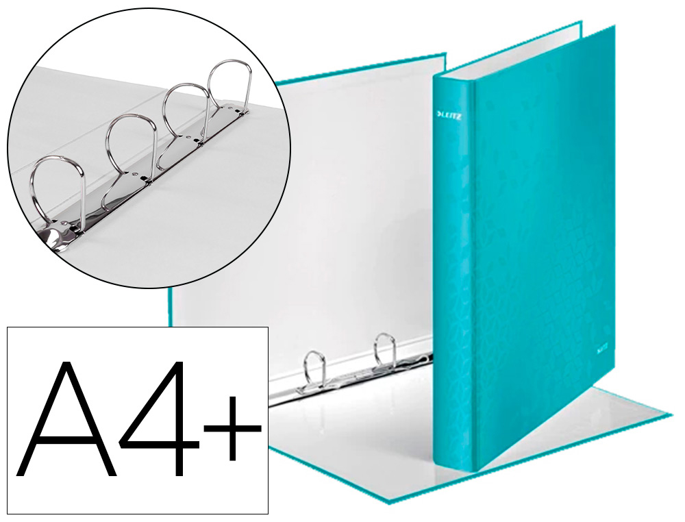 CLASSEUR LEITZ WOW 4 ANNEAUX EN D 25MM CARTON PELLICUL ROBUSTE A4+ 275X40X318MM DOS 40MM COLORIS MENTHE