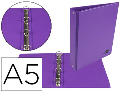 CLASSEUR LIDERPAPEL 4 ANNEAUX RONDS 25MM A5 CARTON REMBORD PVC COLORIS VIOLET