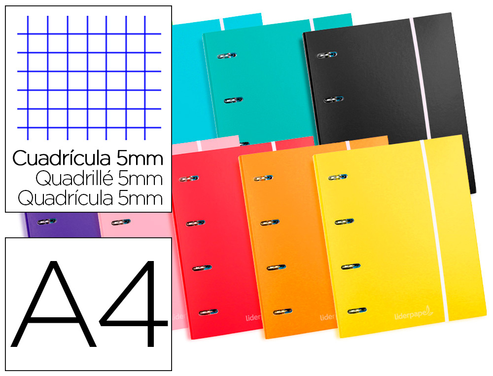 CLASSEUR LIDERPAPEL SRIE MULTILIDER 4 ANNEAUX RONDS 40MM A4 CARTON REMBORD FEUILLETS MOBILES QUADRILLAGE 5MM 120F 80G