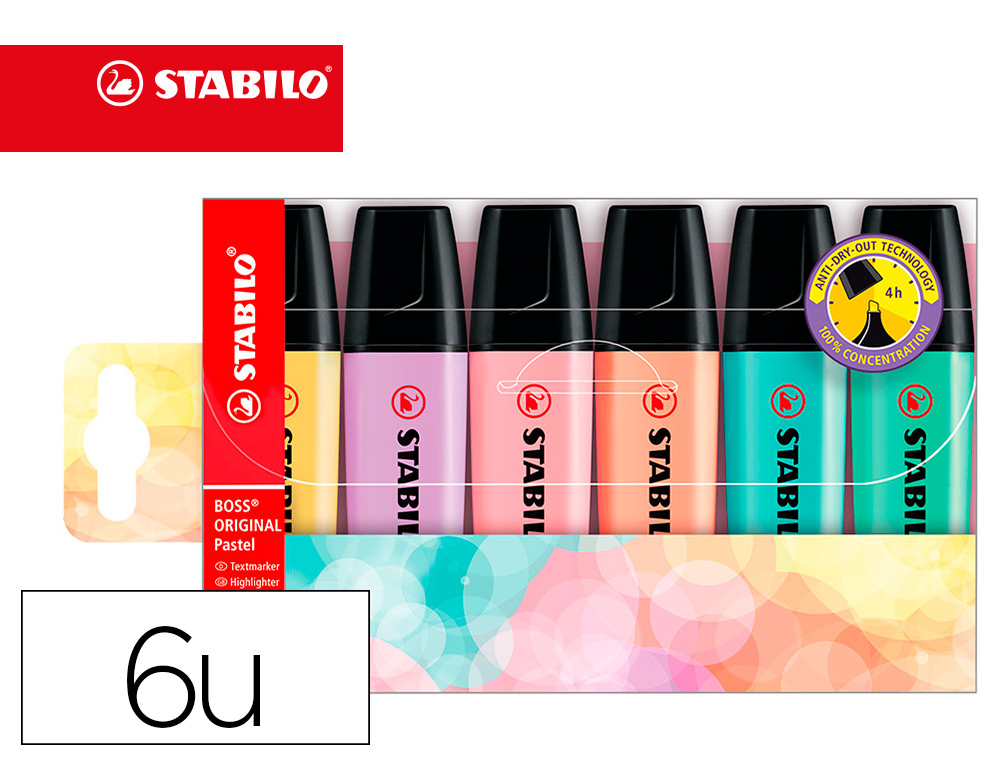 SURLIGNEUR STABILO BOSS PASTEL TRAC 2/5MM POINTE BISEAUTE ENCRE UNIVERSELLE BASE EAU RSISTANTE LUMIRE POCHETTE 6U