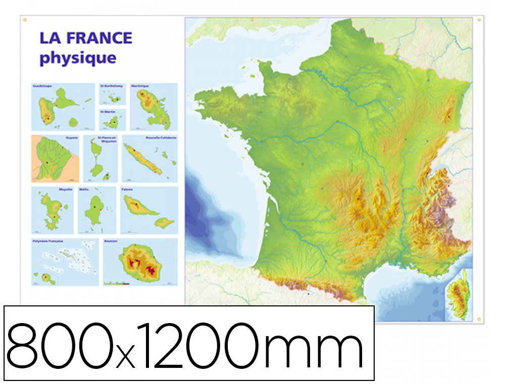 CARTE MUETTE FRANCE PHYSIQUE BOUCHUT GRANDREMY 800X1200MM  PELLICULE EFFACABLE A SEC 5   OEILLETS SUSPENSION