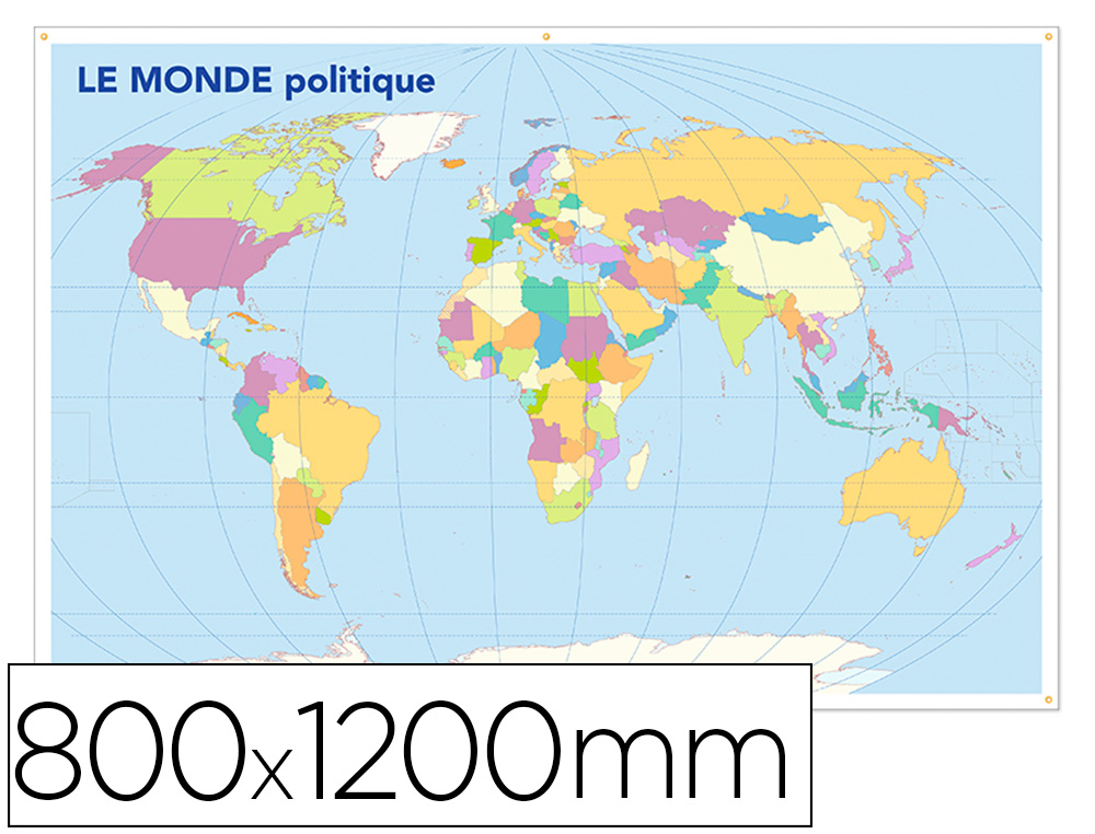 CARTE MUETTE MONDE PHYSIQUE POLITIQUE BOUCHUT GRANDREMY   800X1200MM RECTO/VERSO 5      OEILLETS SUSPENSION