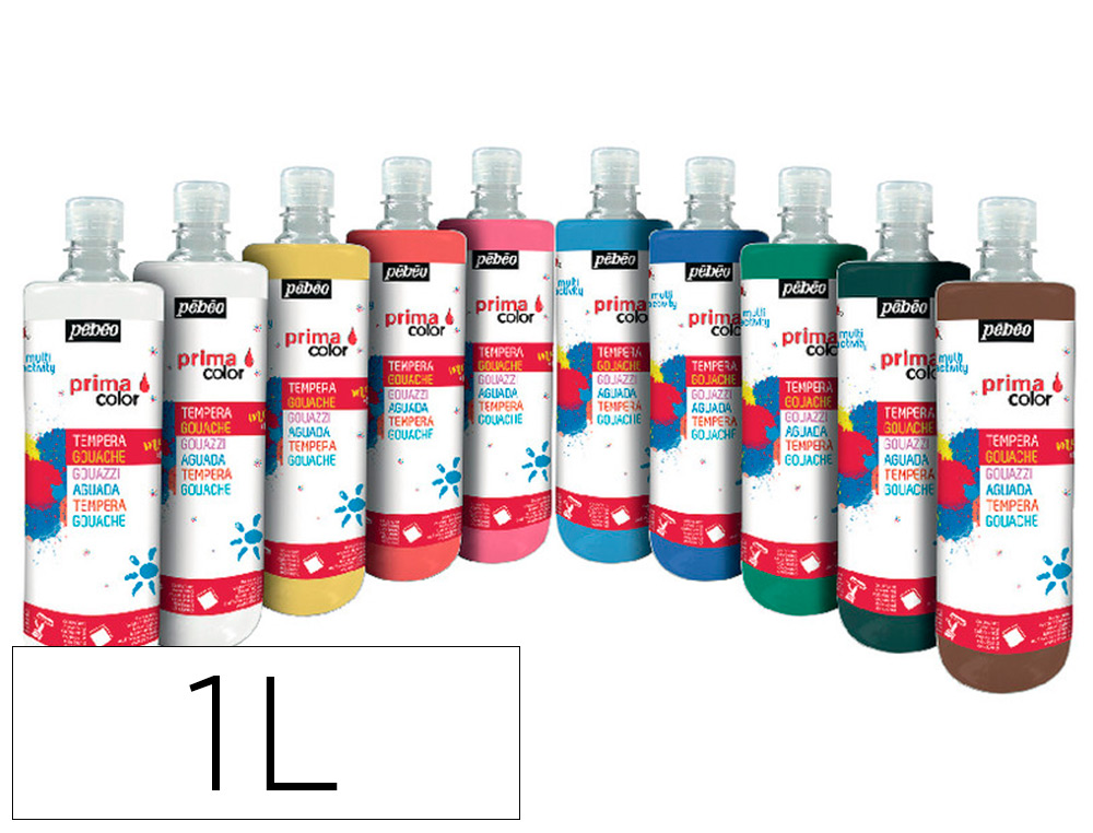 GOUACHE LIQUIDE PEBEO PRIMACOLOR INODORE ONCTUEUSE  APPLICATION FACILE COLORIS    ASSORTIS BOITE 10 FLACONS X 1L
