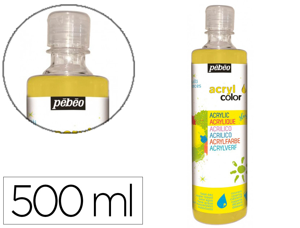 GOUACHE ACRYLIQUE PEBEO ACRYCOLOR INDELEBILE COUVRANTE BRILLANTE MISCIBLE TOUT SUPPORT JAUNE PRIMAIRE FLACON 500ML