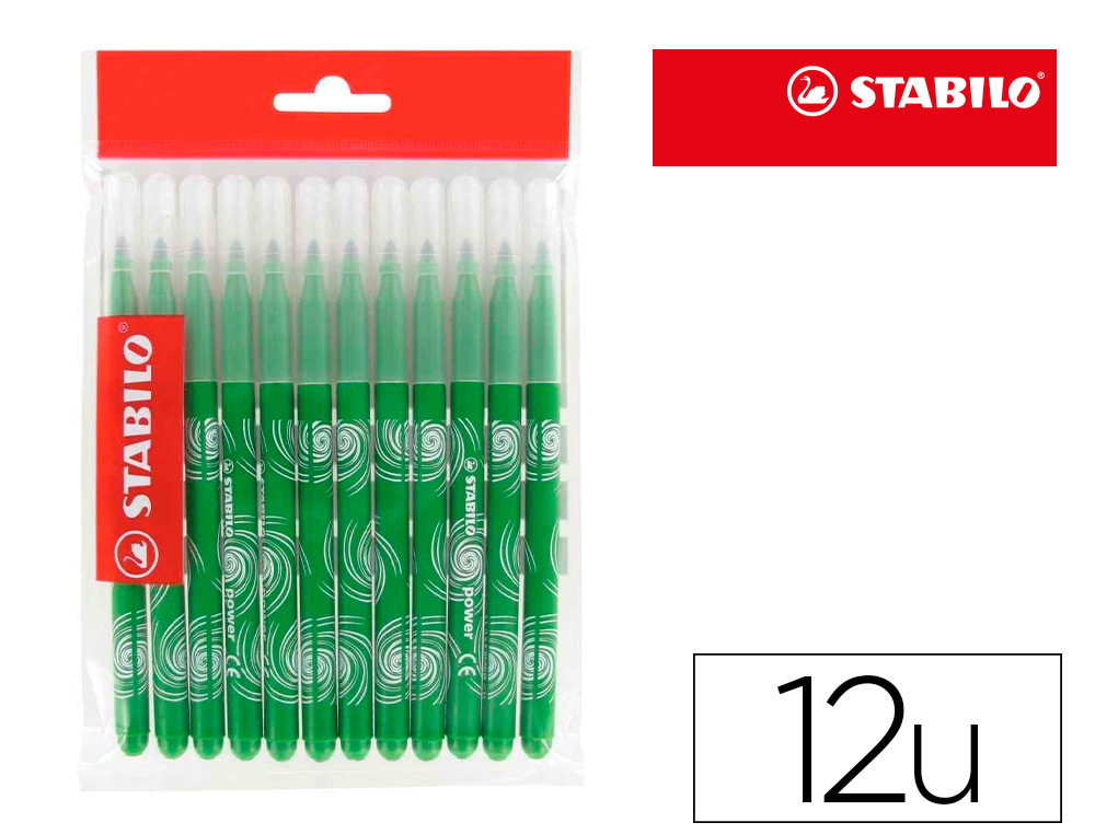 FEUTRE COLORIAGE STABILO POWER RECHARGE COFFRET SCHOOLPACK  POINTE MOYENNE BLOQUE COLORIS VERT POCHETTE DE 12UN