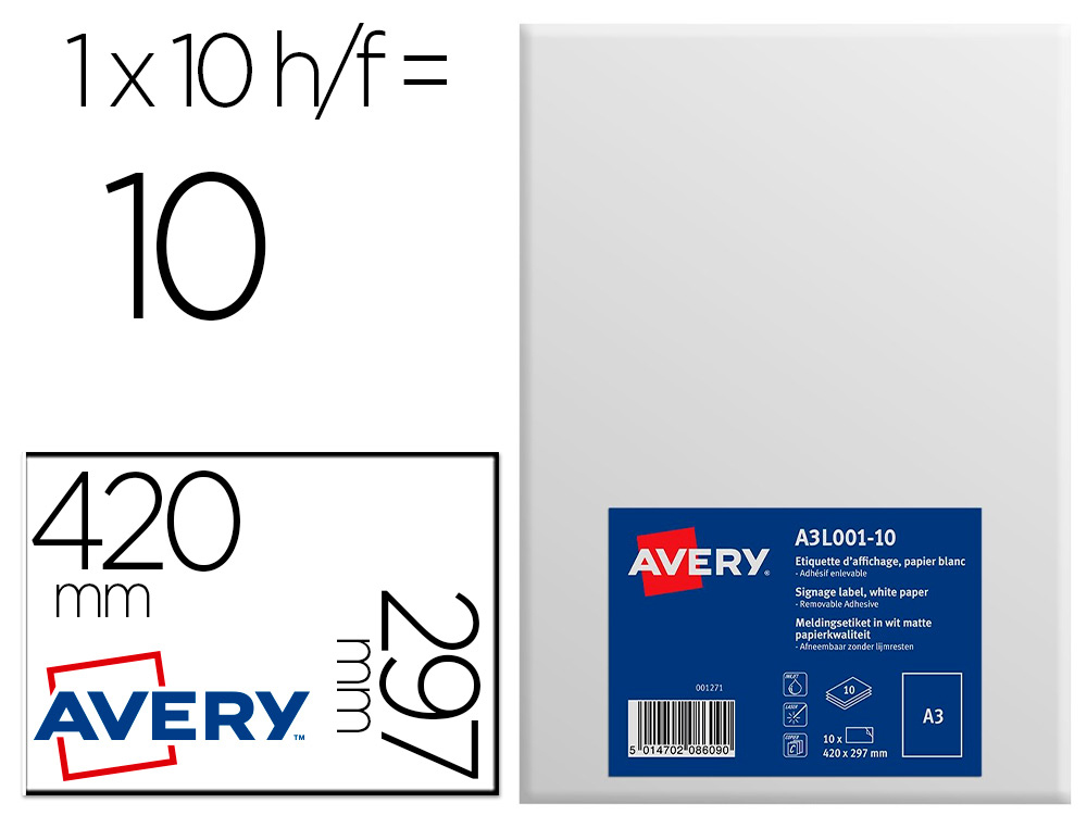 TIQUETTE ADHSIVE AVERY AFFICHAGE A3 PAPIER BLANC MAT ENLEVABLE SANS TRACES LASER JET ENCRE COPIEUR 10 UNITS