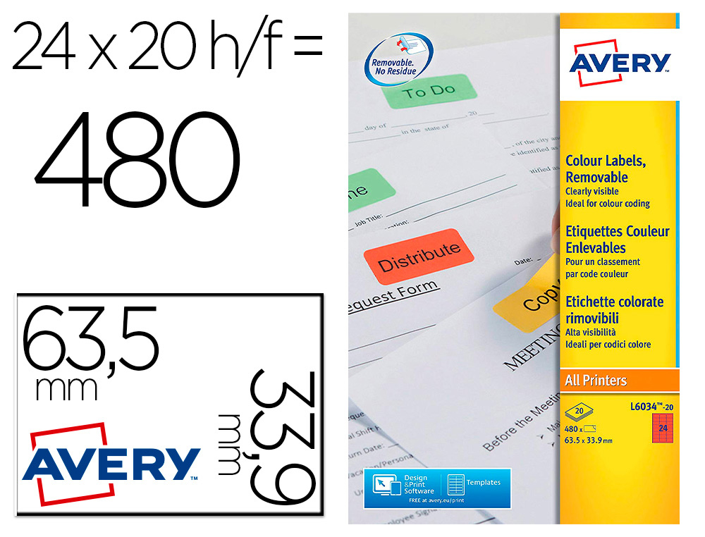 TIQUETTE COULEUR AVERY ENLEVABLE SANS TRACE COMPATIBLE TOUTE IMPRIMANTE IDALE CLASSEMENT 63,5X33,9MM 480 UNITS ROUGE