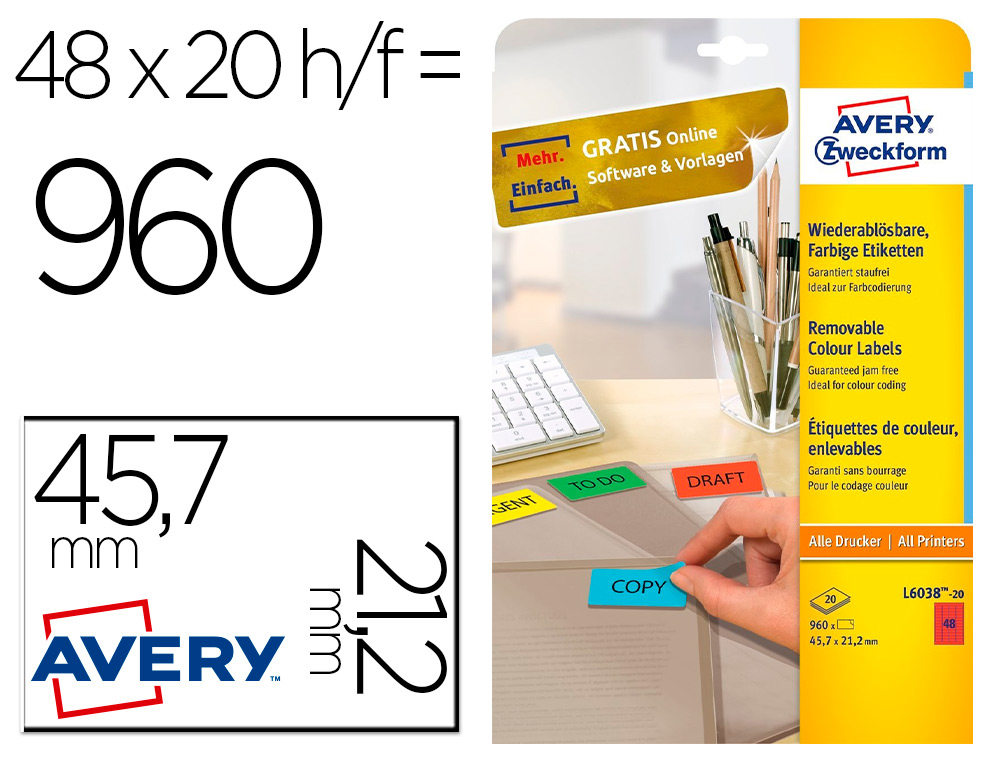 TIQUETTE COULEUR AVERY ENLEVABLE SANS TRACE TOUTE IMPRIMANTE IDALE CLASSEMENT 21,2X45,7MM 960 UNITS COLORIS ROUGE