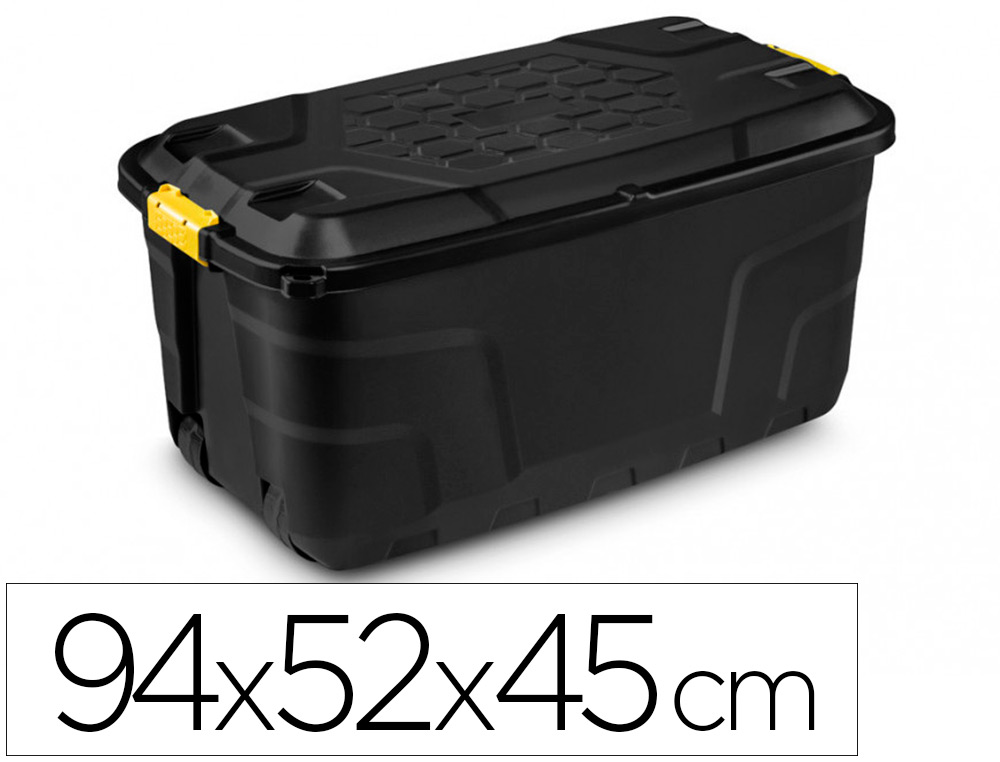 BOITE RANGEMENT STRATA HEAVY DUTY 145L POLYPROPYLENE TRES ROBUSTE 2 POIGNES CLIPS JAUNES 94X52X45CM COLORIS NOIR
