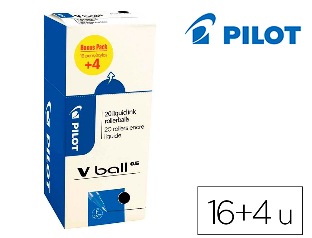 ROLLER PILOT VBALL 05 POINTE METAL CONIQUE ENCRE LIQUIDE   COLORIS NOIR PACK 16 + 4      GRATUITS