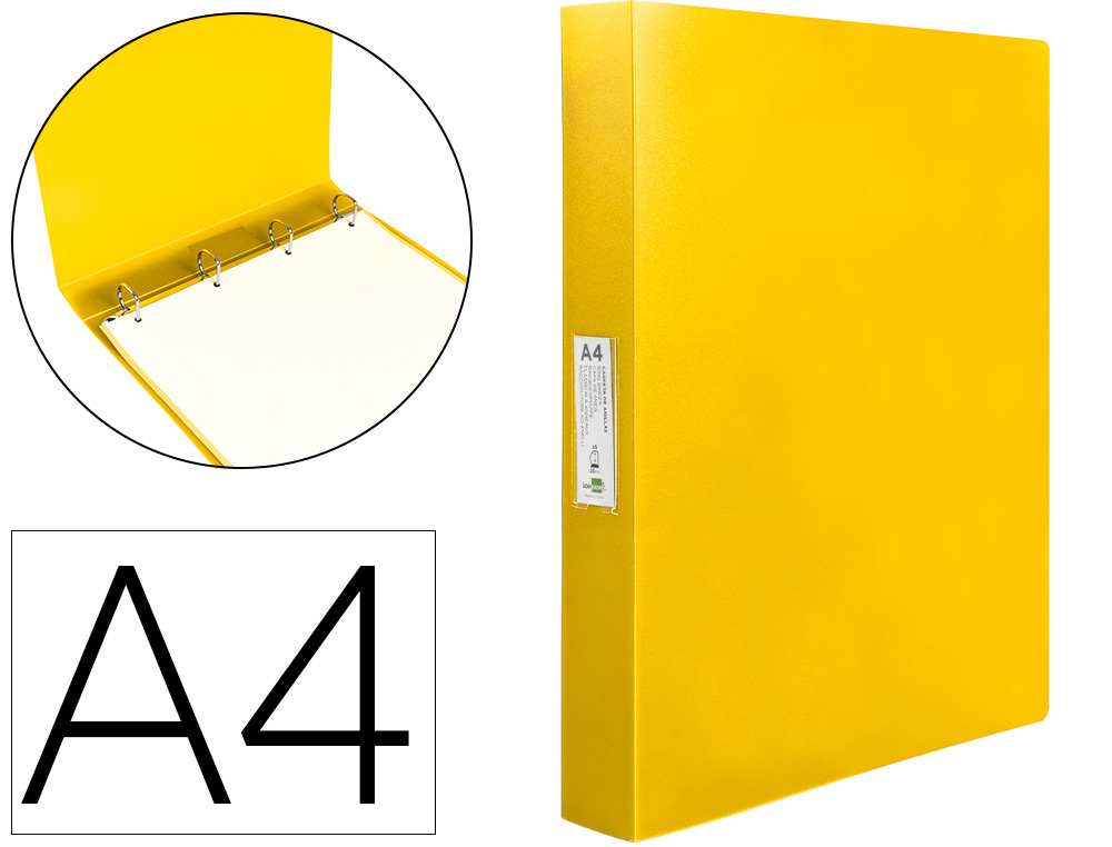 CLASSEUR LIDERPAPEL 4 ANNEAUX 25MM A4 260X315MM POLYPROPYLENE DOS 40MM PORTE-CARTES VISITE COLORIS JAUNE