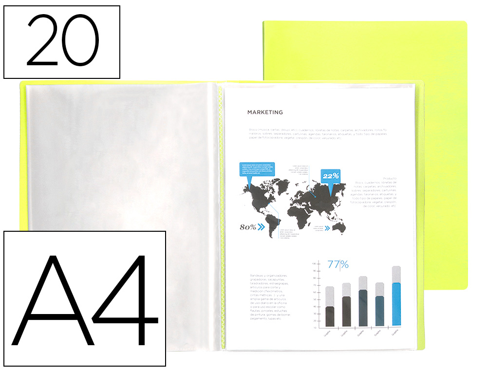 PROTEGE-DOCUMENTS LIDERPAPEL POLYPROPYLENE COUVERTURE      FLEXIBLE 20 POCHETTES FIXES   A4 210X297MM JAUNE FLUO