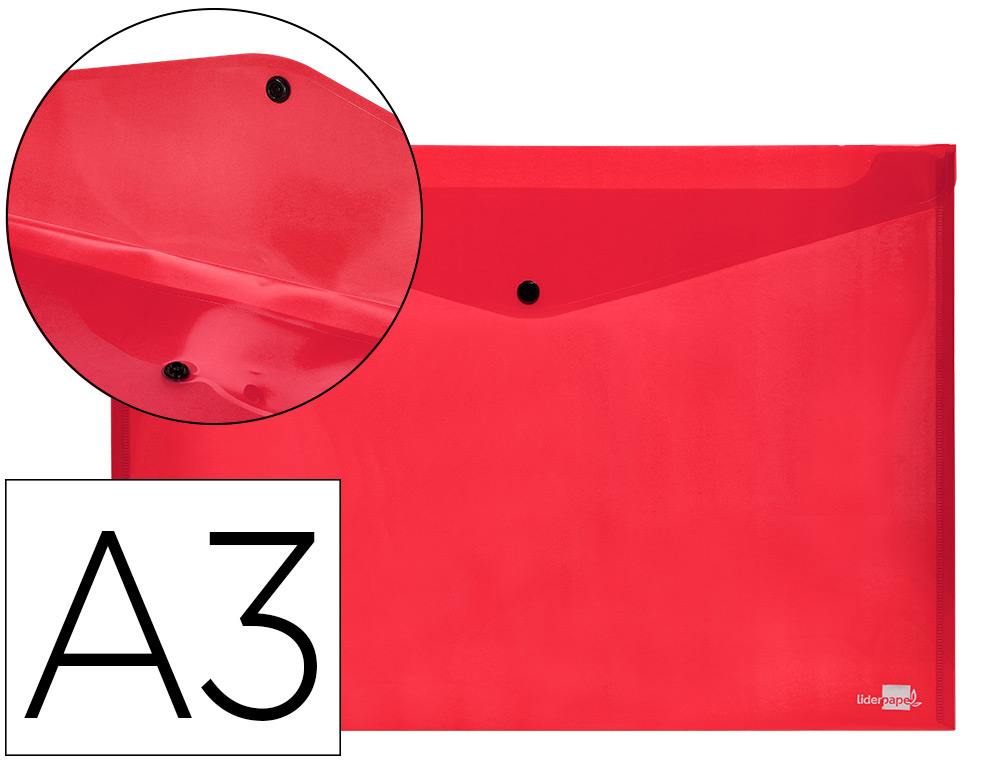 POCHETTE ENVELOPPE LIDERPAPEL POLYPROPYLENE 180 MICRONS A3  420X297MM 50F FERMETURE       BOUTON RESISTANT ROUGE