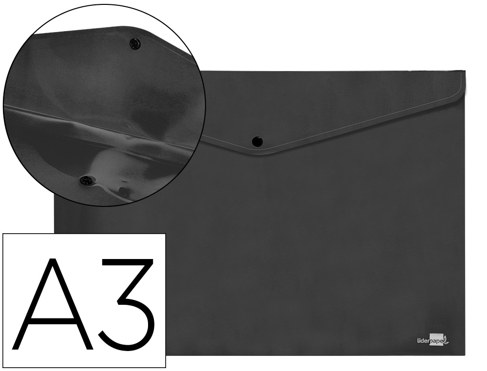 POCHETTE ENVELOPPE LIDERPAPEL POLYPROPYLENE 180 MICRONS A3  420X297MM 50F FERMETURE       BOUTON RESISTANT NOIR OPAQUE