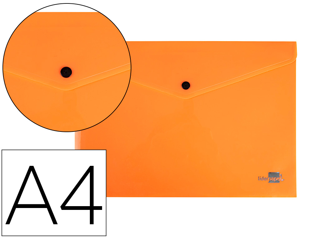 POCHETTE ENVELOPPE LIDERPAPEL POLYPROPYLENE 180 MICRONS A4  97X210MM 50F FERMETURE BOUTON ORANGE FLUO OPAQUE
