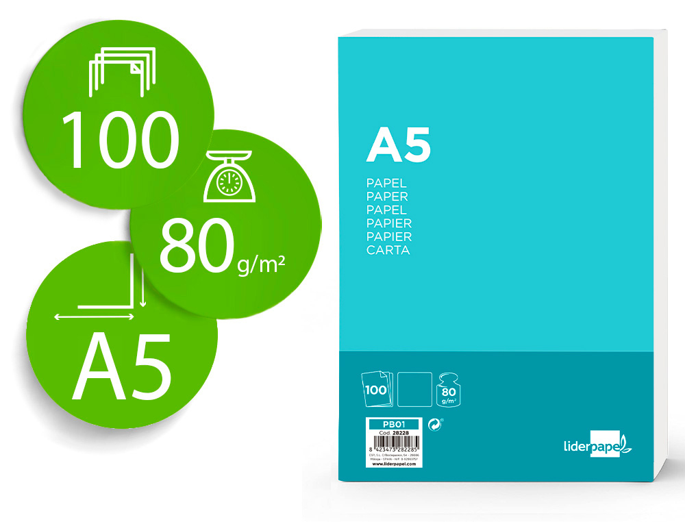 PAPIER CRITURE LIDERPAPEL A5 148X210MM BLANCHEUR EXTRA OPACIT 80G/M2 PAQUET 100 FEUILLES
