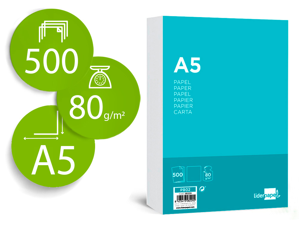 PAPIER CRITURE LIDERPAPEL A5 148X210MM BLANCHEUR EXTRA OPACIT 80G/M2 PAQUET 500 FEUILLES