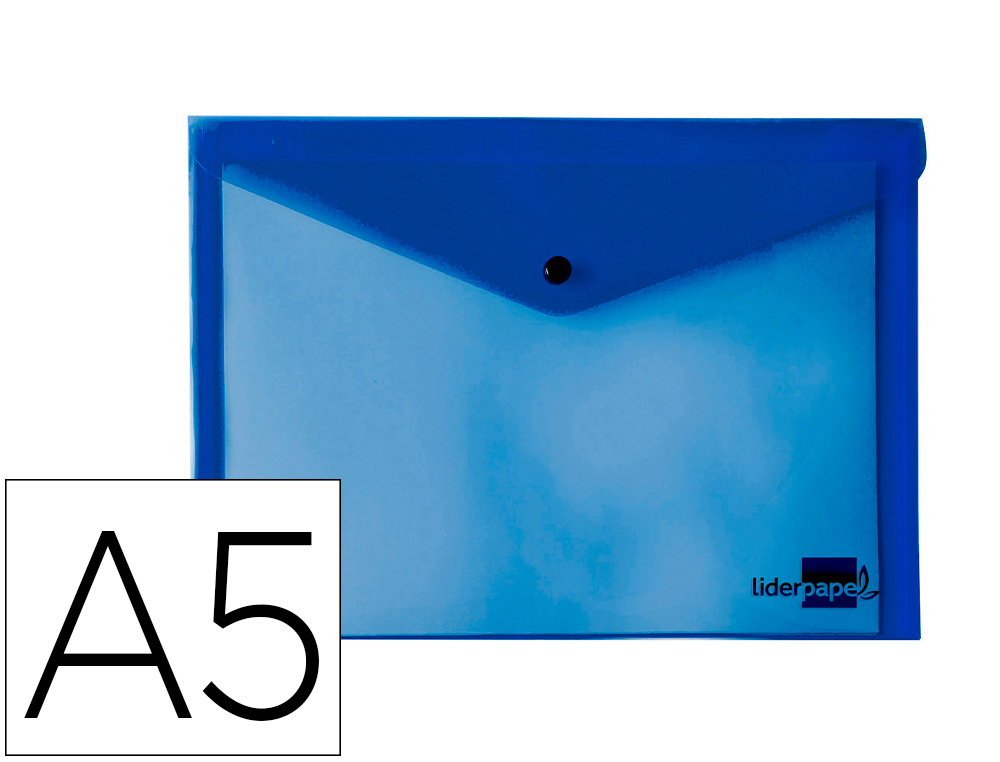 POCHETTE ENVELOPPE LIDERPAPEL POLYPROPYLNE 180 MICRONS A5 210X148MM 50F FERMETURE BOUTON RSISTANT TRANSPARENT BLEU