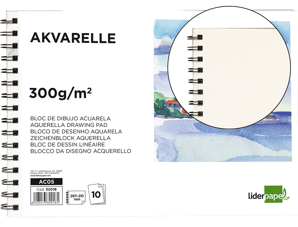 BLOC DESSIN LIDERPAPEL AQUARELLE SPIRALE PAPIER GRAIN MOYEN LISSE 300G/M2 FORMAT A4 297X210MM 10F