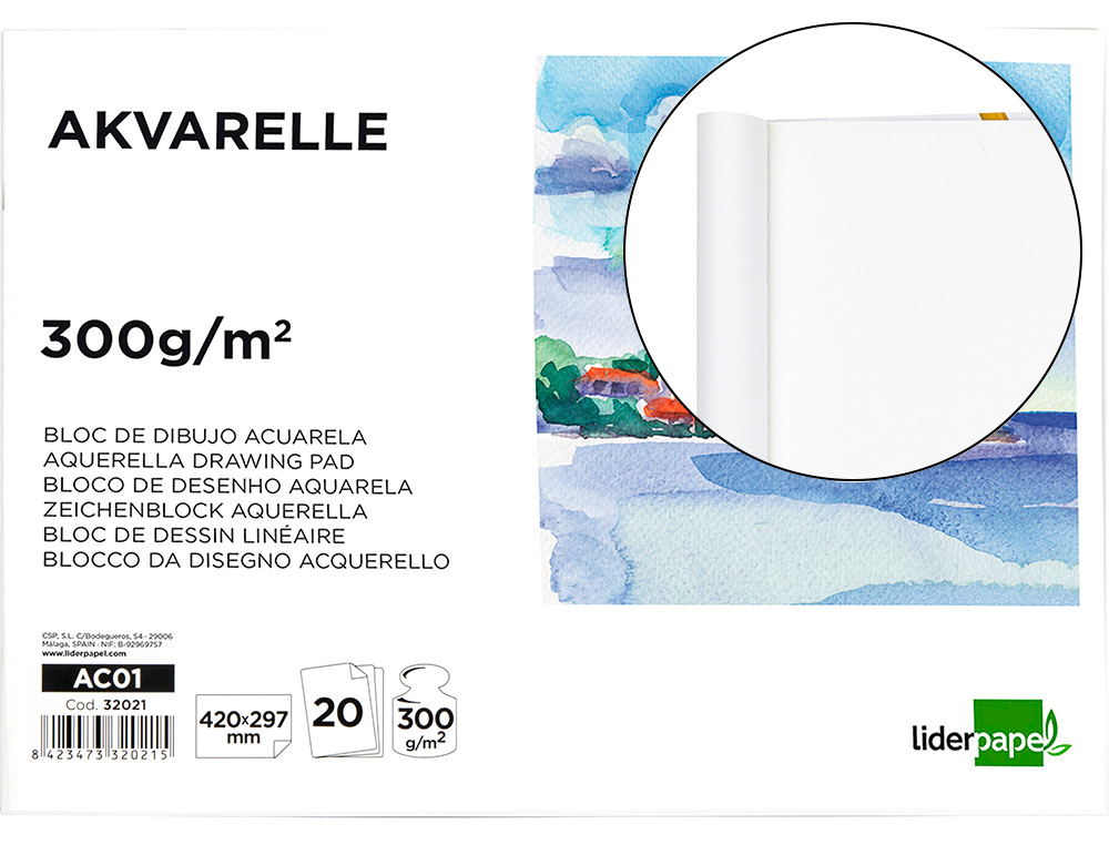 BLOC DESSIN LIDERPAPEL AQUARELLE ENCOLL PAPIER GRAIN MOYEN LISSE 300G/M2 FORMAT A3 420X297MM 20F