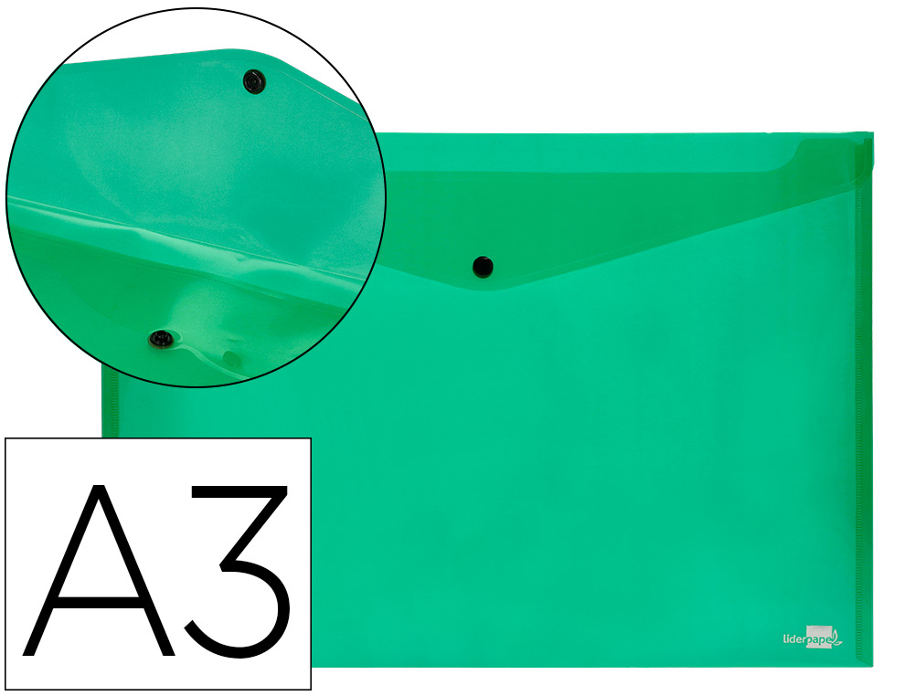 POCHETTE ENVELOPPE LIDERPAPEL POLYPROPYLNE 180 MICRONS A3 420X297MM 50F FERMETURE BOUTON RSISTANT TRANSPARENT VERT