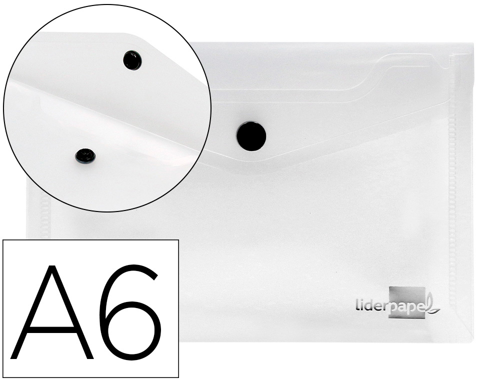 POCHETTE ENVELOPPE LIDERPAPEL POLYPROPYLNE 180 MICRONS A6 148X105MM 50F FERMETURE BOUTON TRANSPARENT