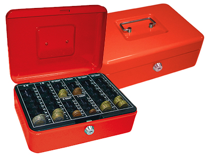 CAISSE MONNAIE Q-CONNECT STRUCTURE ACIER 0.8MM PAISSEUR PLATEAU AMOVIBLE ESPACE BILLETS 250X180X90MM COLORIS ROUGE