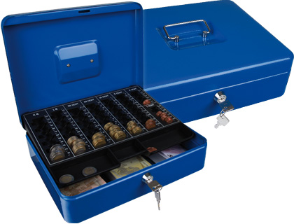 CAISSE MONNAIE Q-CONNECT STRUCTURE ACIER 0.8MM PAISSEUR PLATEAU AMOVIBLE ESPACE BILLETS 300X240X90MM COLORIS BLEU