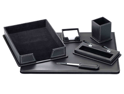 ENSEMBLE BUREAU 6 PICES SIMILICUIR SOUS-MAIN OUVRE-LETTRES PORTE-NOTES CORBEILLE PORTE STYLO POT CRAYONS 40X50CM NOIR
