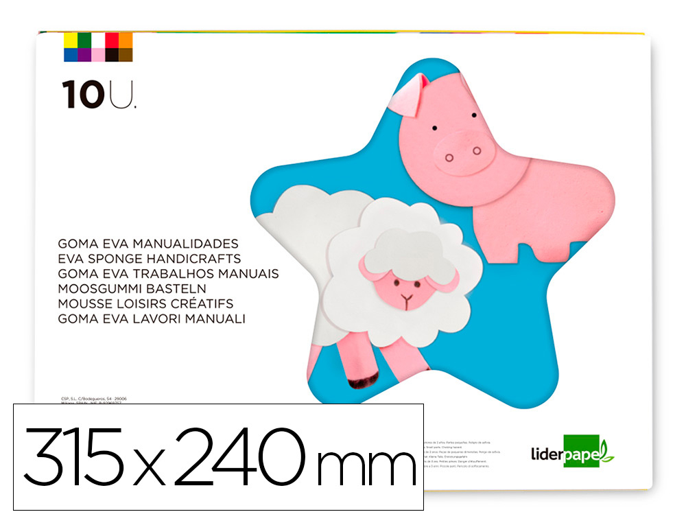 FEUILLE MOUSSE LIDERPAPEL A4+ 240X315MM 60G/M2 PAISSEUR 1.5MM COLORIS ASSORTIS BLOC 10 FEUILLES