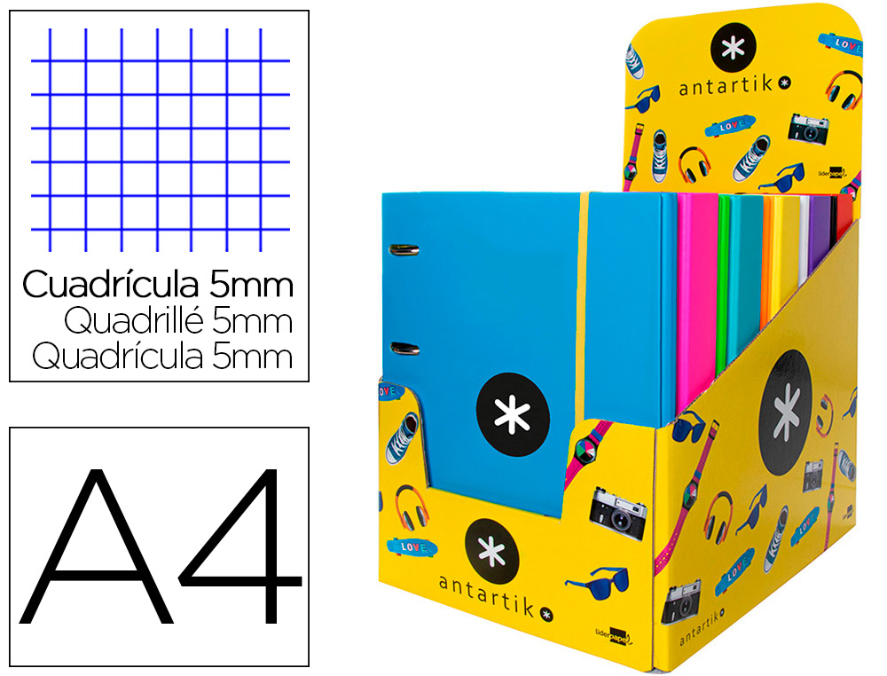CLASSEUR ANTARTIK 4 ANNEAUX RONDS 40MM A4 CARTON REMBORDE FEUILLETS MOBILES Q5X5 COLORISASSORTIS